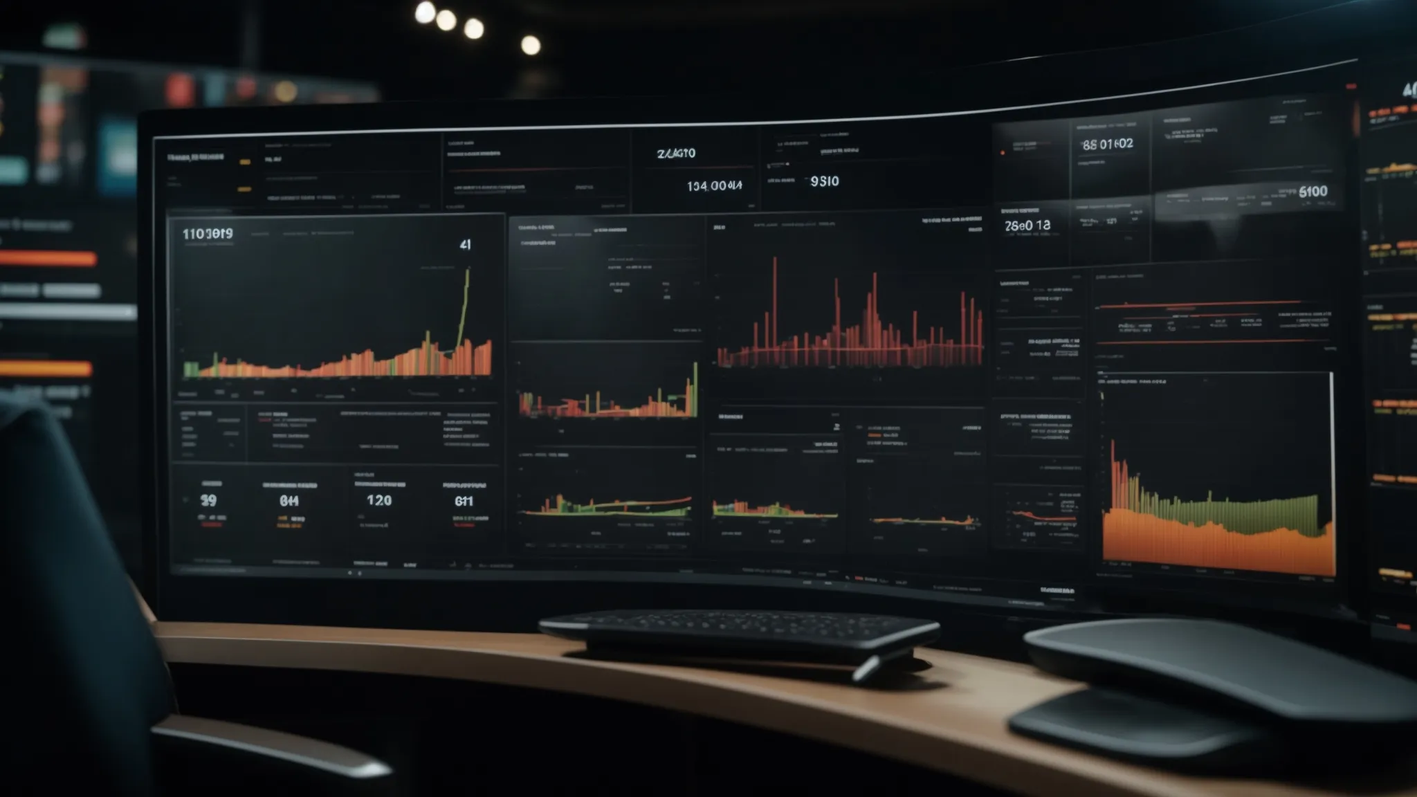 a computer screen shows a complex dashboard with graphs and status indicators representing different network activities.