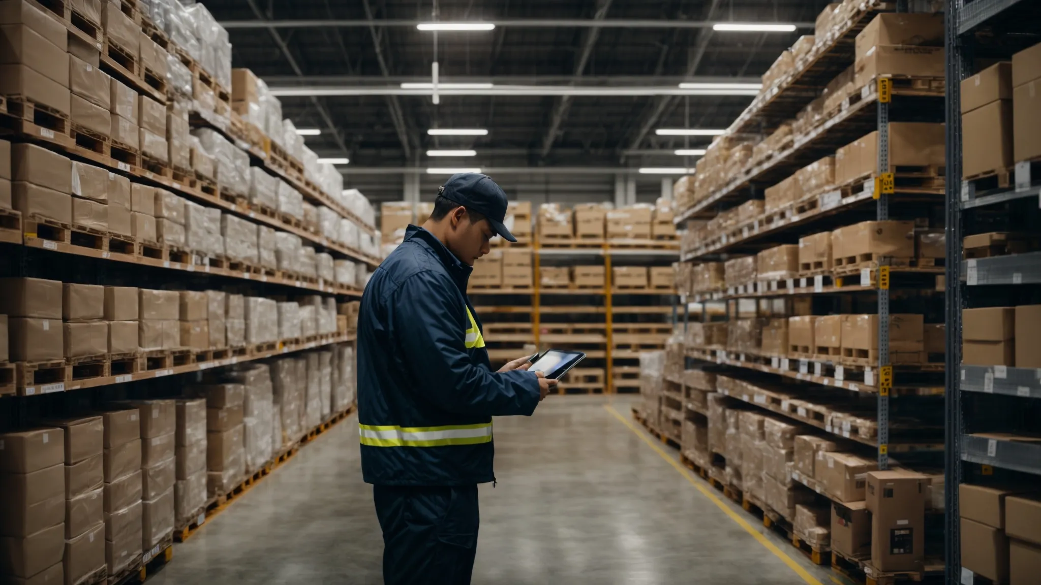 a warehouse worker scans boxes on a pallet while using a tablet beside rows of shelving stocked with goods.