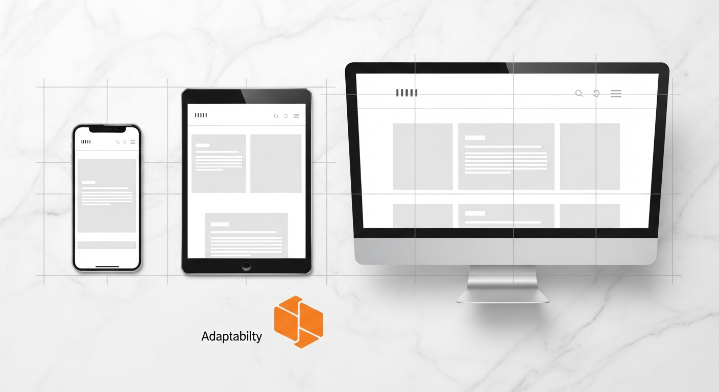 Responsive web design breakpoints shown on mobile, tablet, and desktop devices