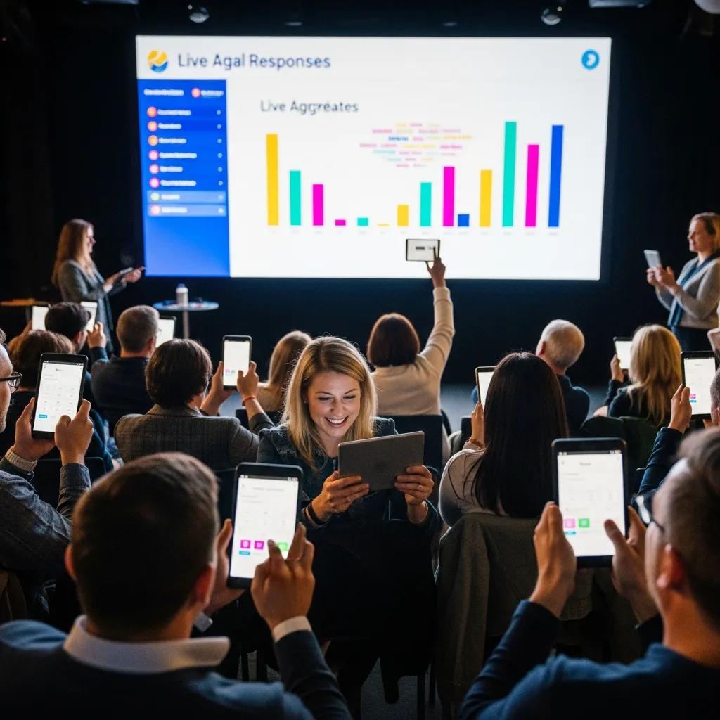 Audience participating in an interactive presentation with tablets and engaging graphics