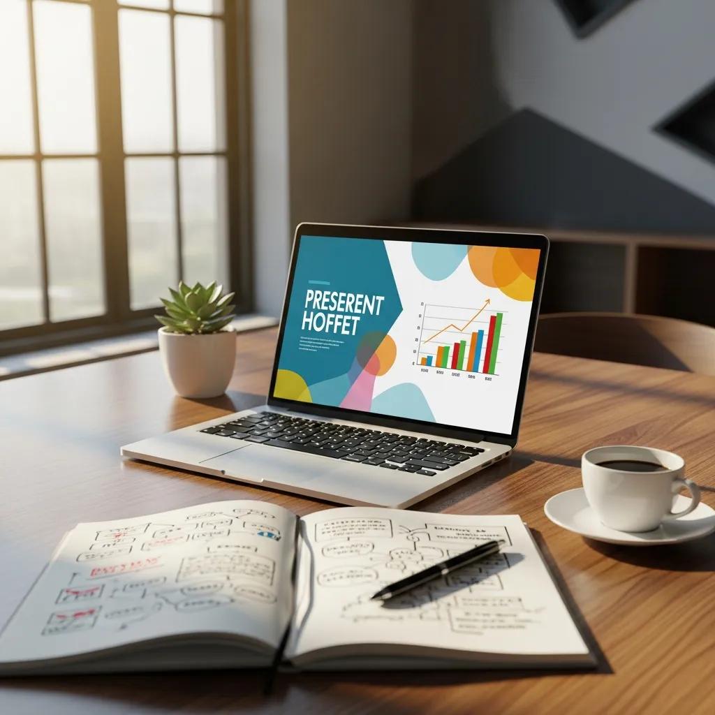 Modern presentation setup with laptop, notepad, and coffee, emphasizing creativity and professionalism