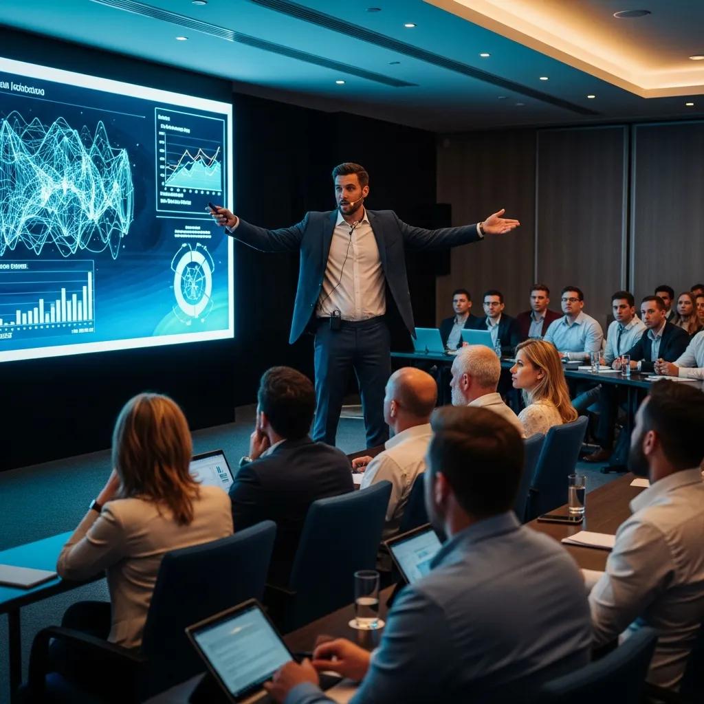 Presenter engaging with an audience, showcasing effective communication and vibrant visuals